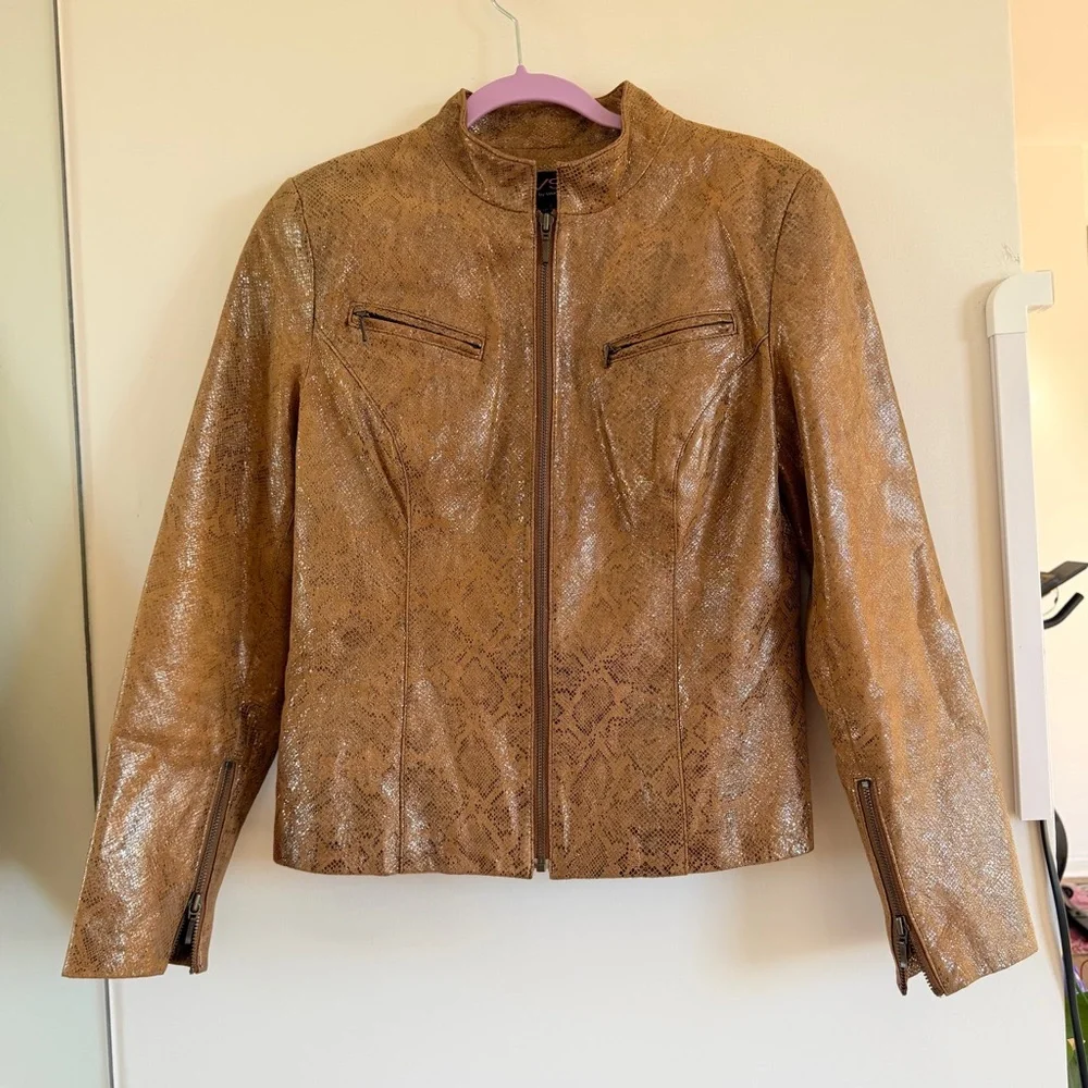 Vakko VS2 Metallic Gold Leather Moto Jacket Brown Printed Size 8 - Picture 1 of 9